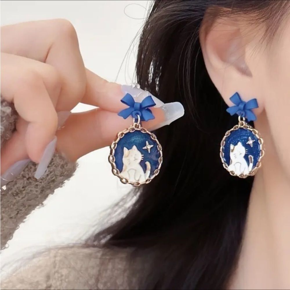 Blue Cat Earrings with Bow Accents